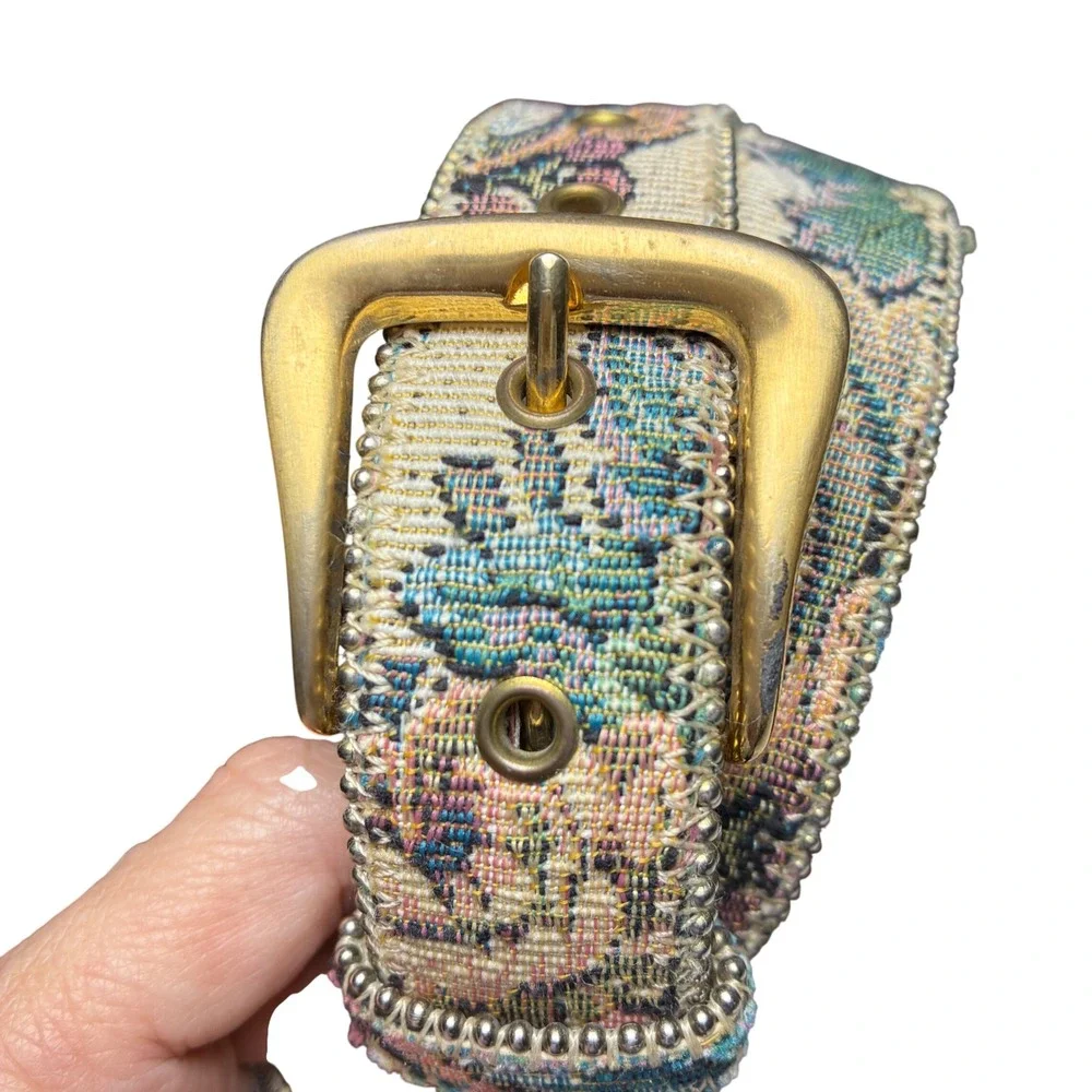 Paul Harris Tapestry Floral Belt Ball Chain Gold Buckle Boho Western M L